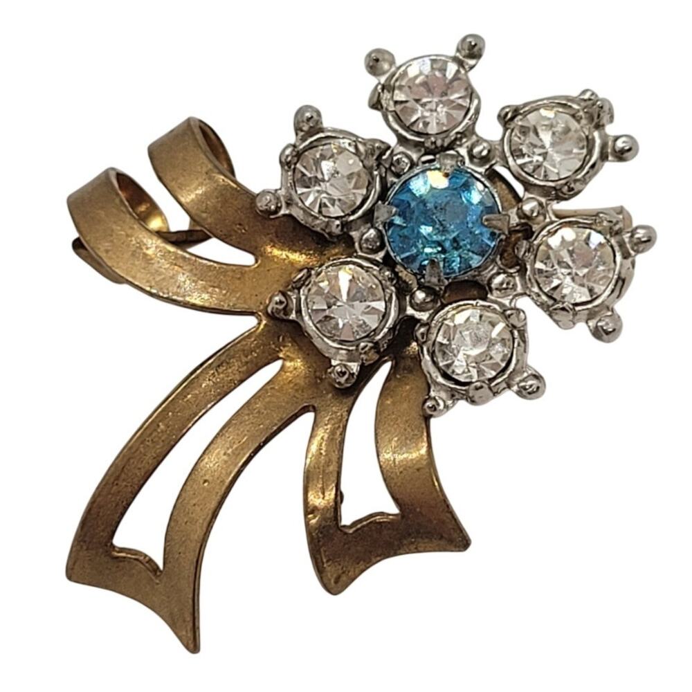 Vintage 40s Gold Rhinestone Ribbon Brooch Floral Statement Rockabilly Chic